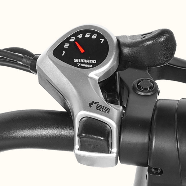 Shimano 7-Gang-Schaltung des C202 City-E-Bikes für zuverlässiges und komfortables Schalten im Stadtverkehr