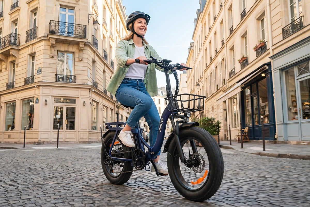 Frau fährt das Eskute D202 E-Bike in Blau durch eine europäische Altstadt im Alltag