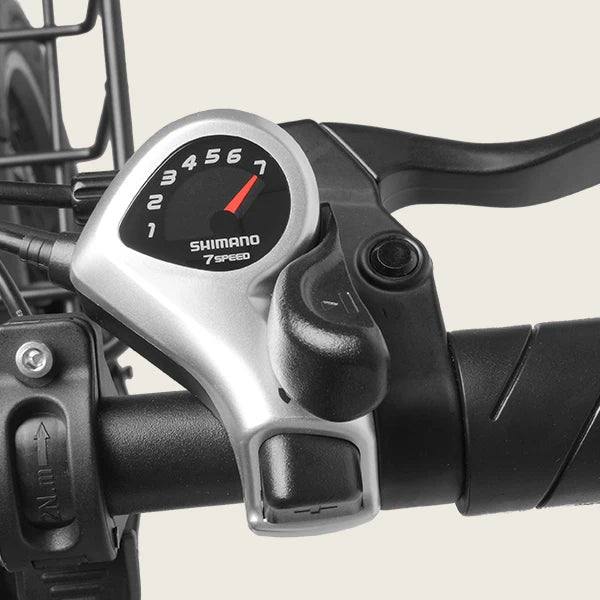 Shimano 7-Gang-Schalthebel am rechten Lenker des Eskute D202 E-Bikes im Detail