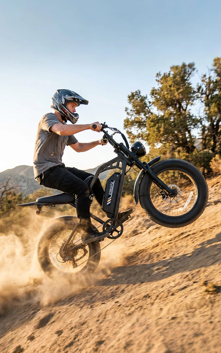 Mann fährt ein Fat-Tire E-Bike von Eskute im Gelände auf sandigem Untergrund