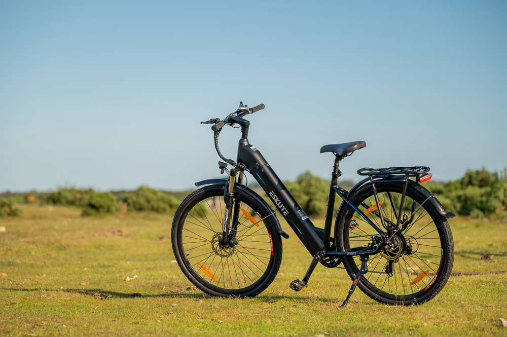 elektrischer Schritt durch Fahrrad Polluno auf der Wiese
