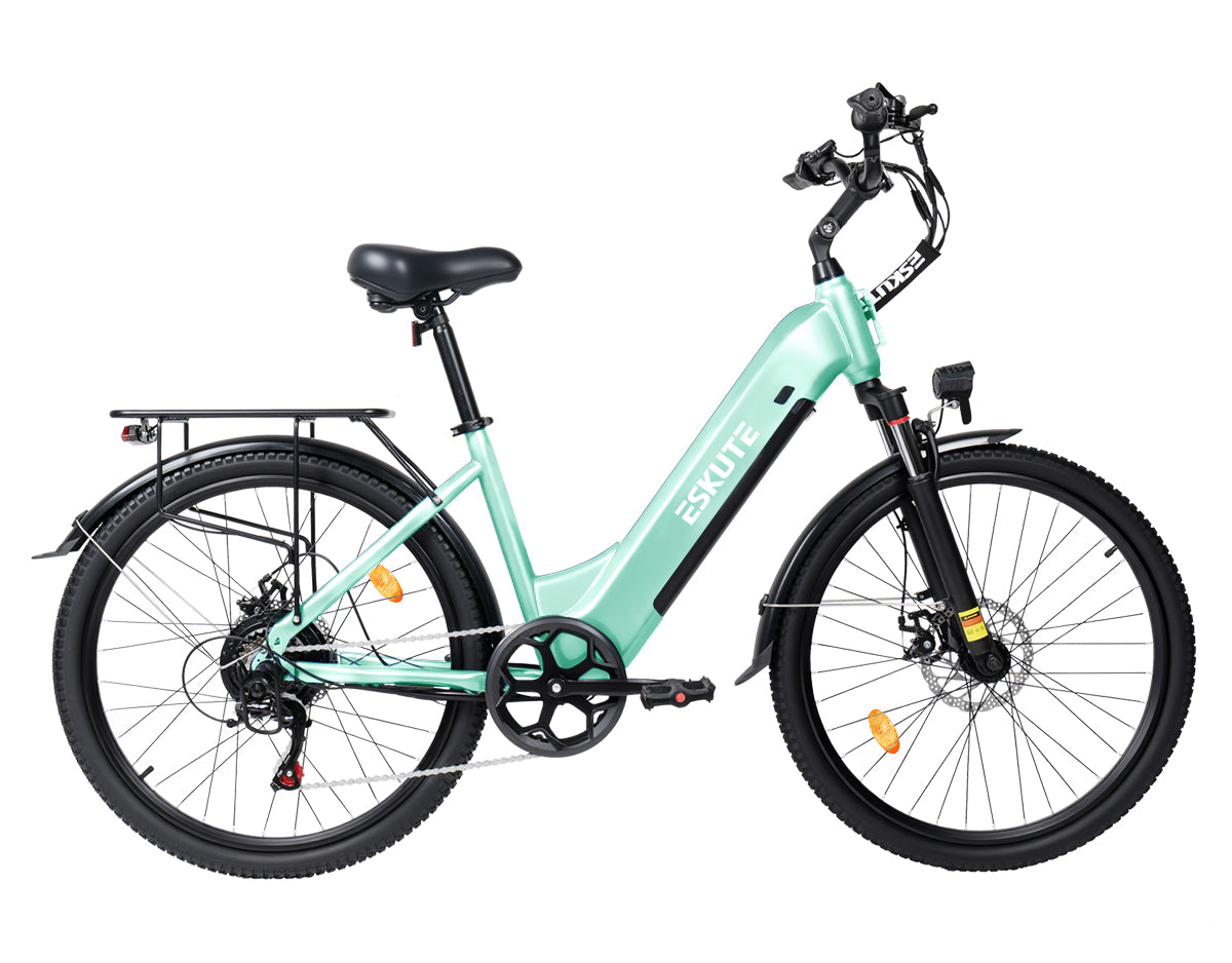 [Color:Grün]Eskute C202 Grün City-E-Bike, Frontansicht für umweltfreundliche Stadtfahrten.