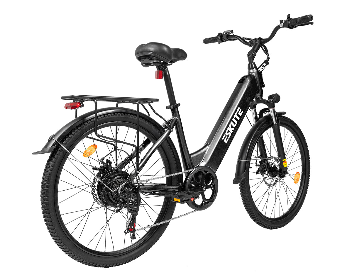 [Color:Schwarz]Eskute C202 Schwarz E-Bike, Rückansicht mit integriertem Gepäckträger.