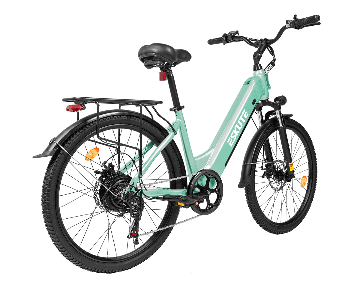 [Color:Grün]Eskute C202 Grün E-Bike, Rückansicht mit Gepäckträger für urbane Nutzung.