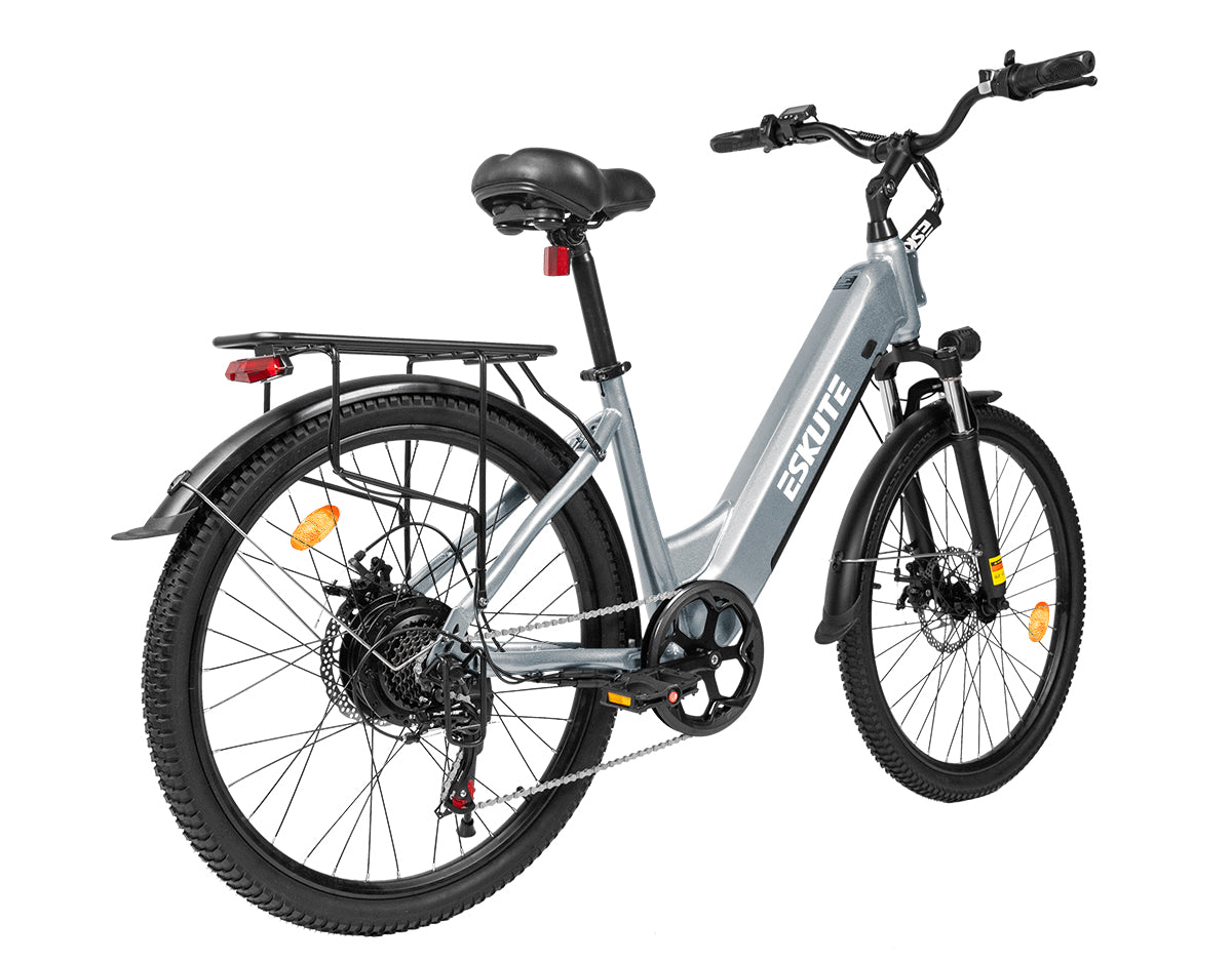 [Color:Grau]Eskute C202 Grau E-Bike, Rückansicht mit praktischem Gepäckträger für Stadtfahrten.