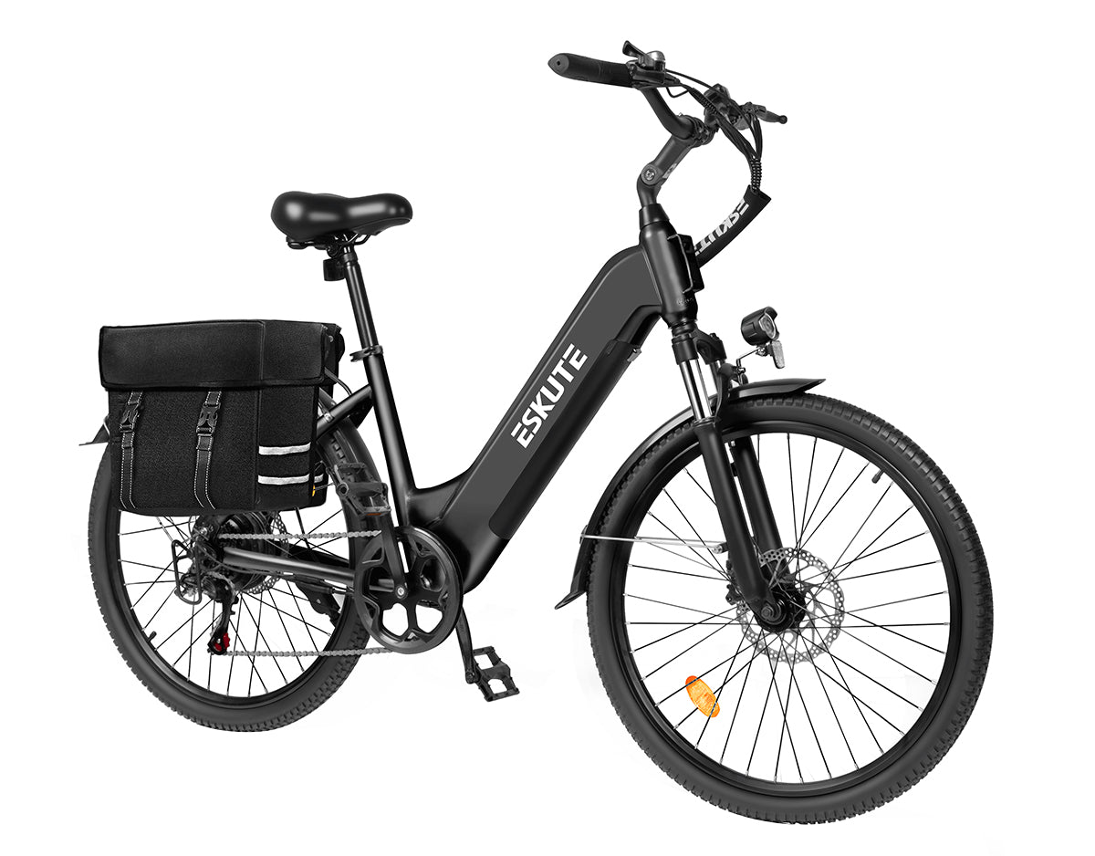 [Color:Schwarz]Eskute C202 Schwarz E-Bike mit Satteltasche, 45°-Ansicht von rechts für praktischen Stadtgebrauch.