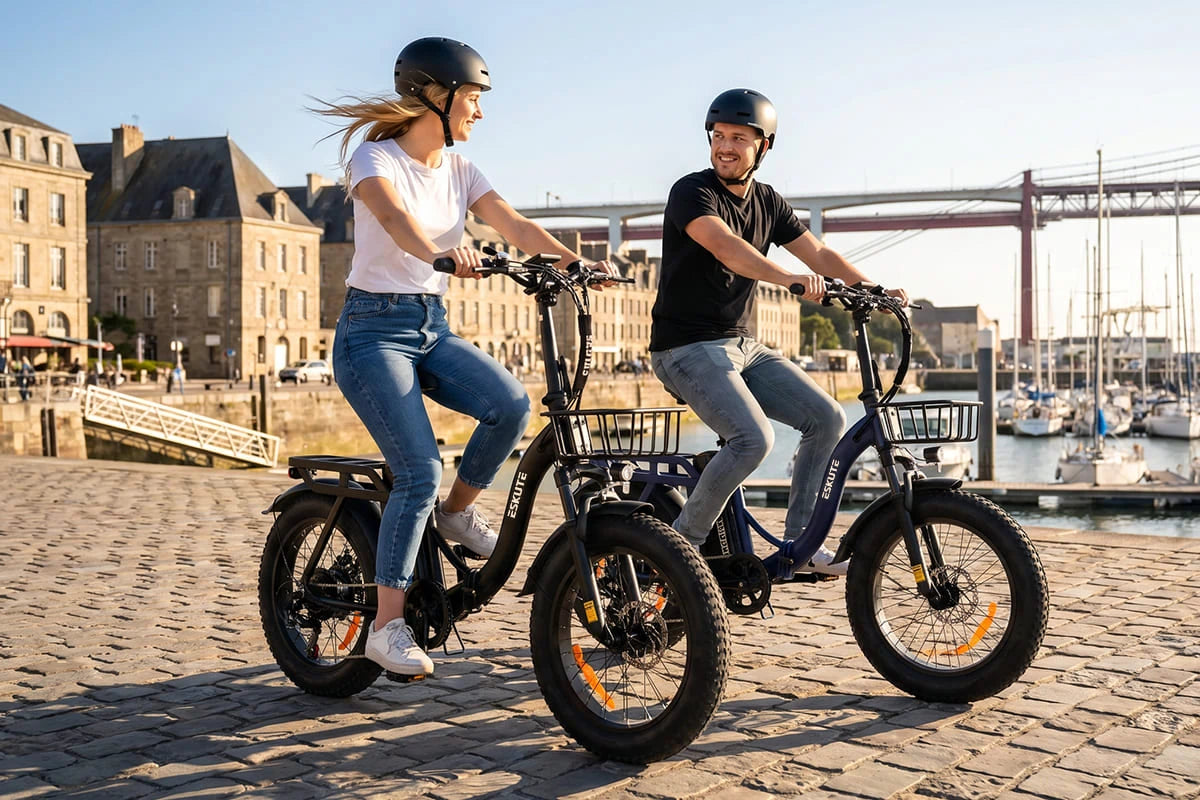 Paar fährt Eskute E-Bikes im Hafen und genießt eine gemeinsame Fahrradtour am Wasser