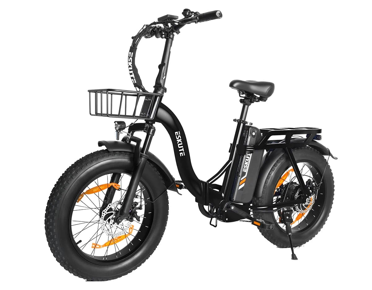 [Color:Schwarz]Eskute D202 Klapp-E-Bike in Schwarz aus schräger Perspektive