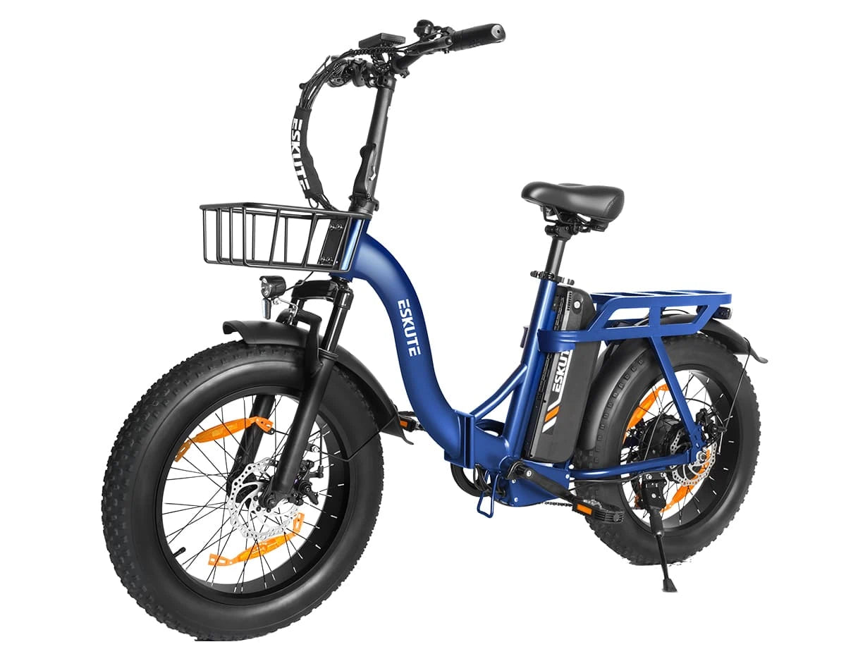 [Color:Blau]Eskute D202 Klapp-E-Bike in Blau aus schräger Perspektive