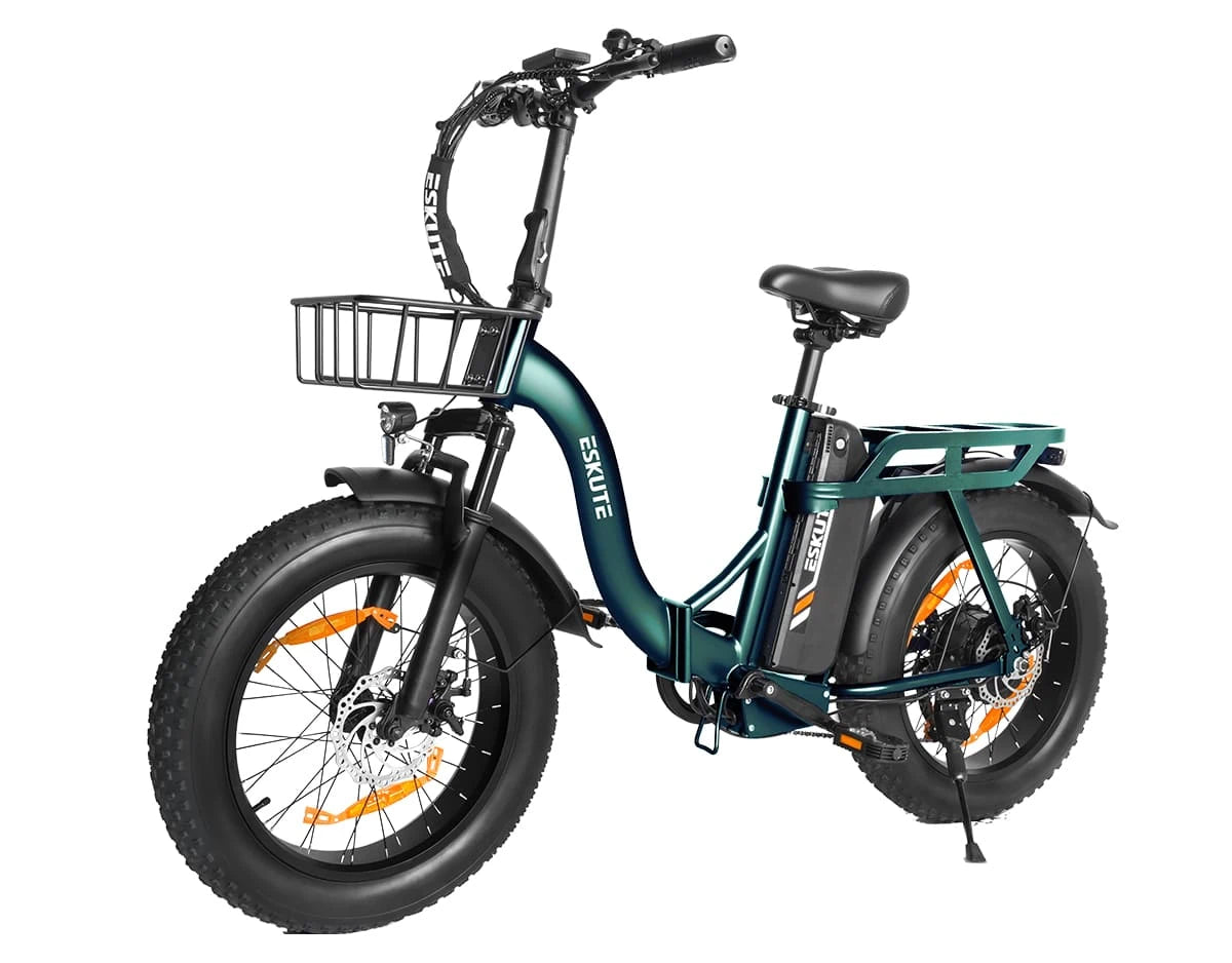 [Color:Grün]Eskute D202 Klapp-E-Bike in Grün aus schräger Perspektive