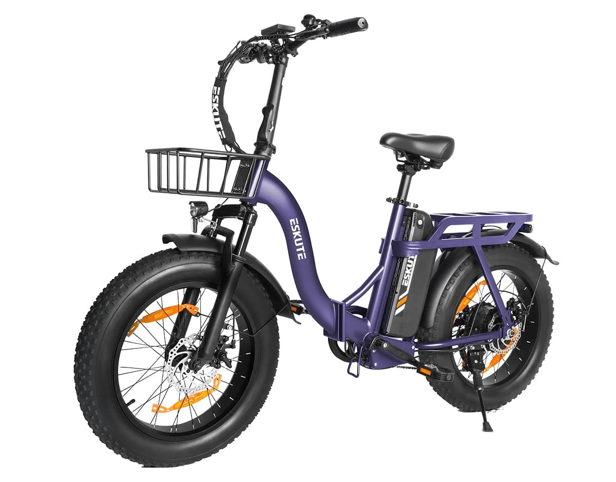 [Color:Lila]Eskute D202 Klapp-E-Bike in Violett aus schräger Perspektive