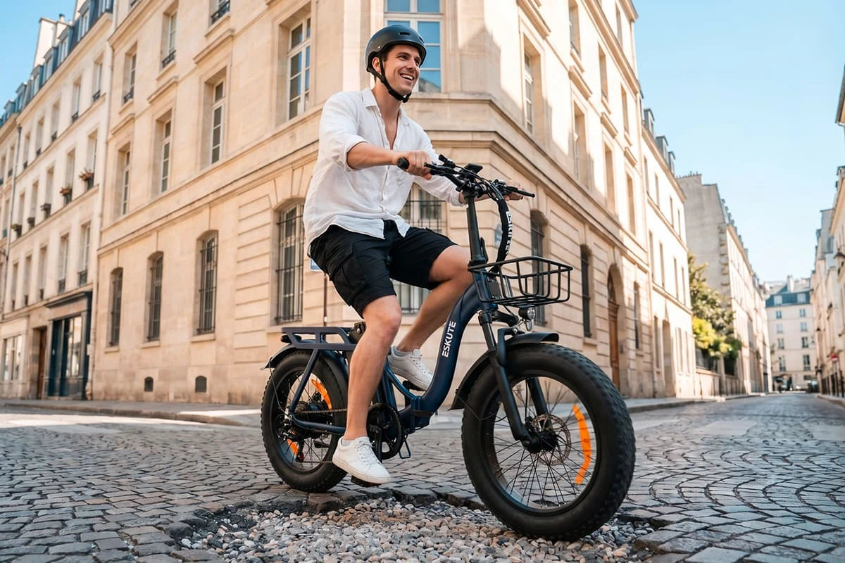 Mann fährt das Eskute D202 E-Bike sicher über unebene Kopfsteinpflaster mit Federgabel und Breitreifen