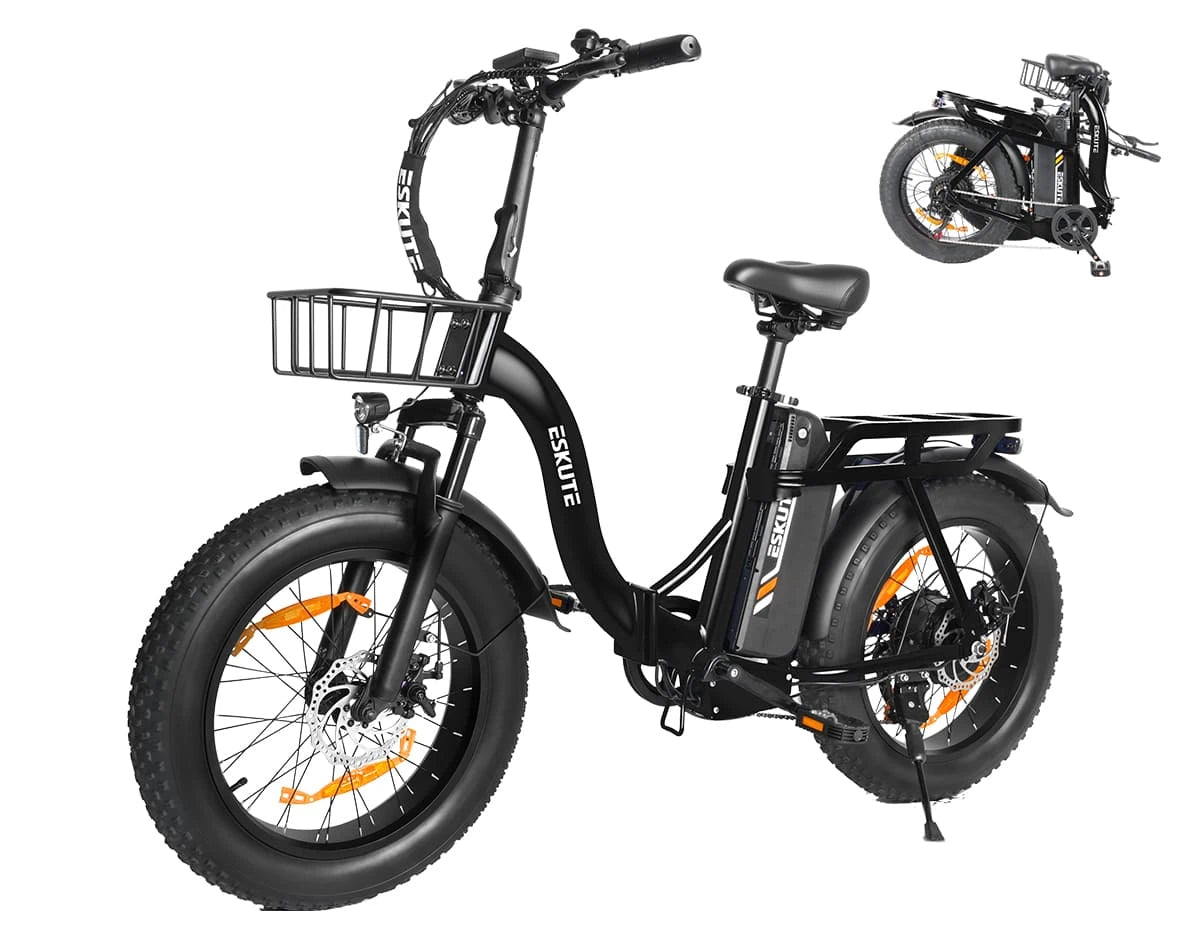 [Color:Schwarz]Eskute D202 Klapp-E-Bike in Schwarz mit Blick auf Fahr- und Faltposition