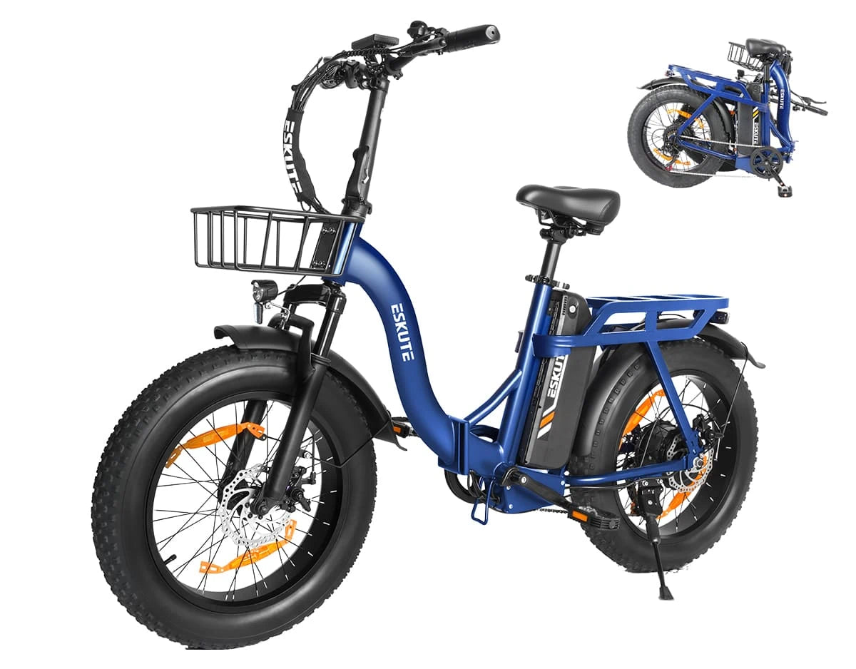 [Color:Blau]Eskute D202 Klapp-E-Bike in Blau mit Blick auf Fahr- und Faltposition