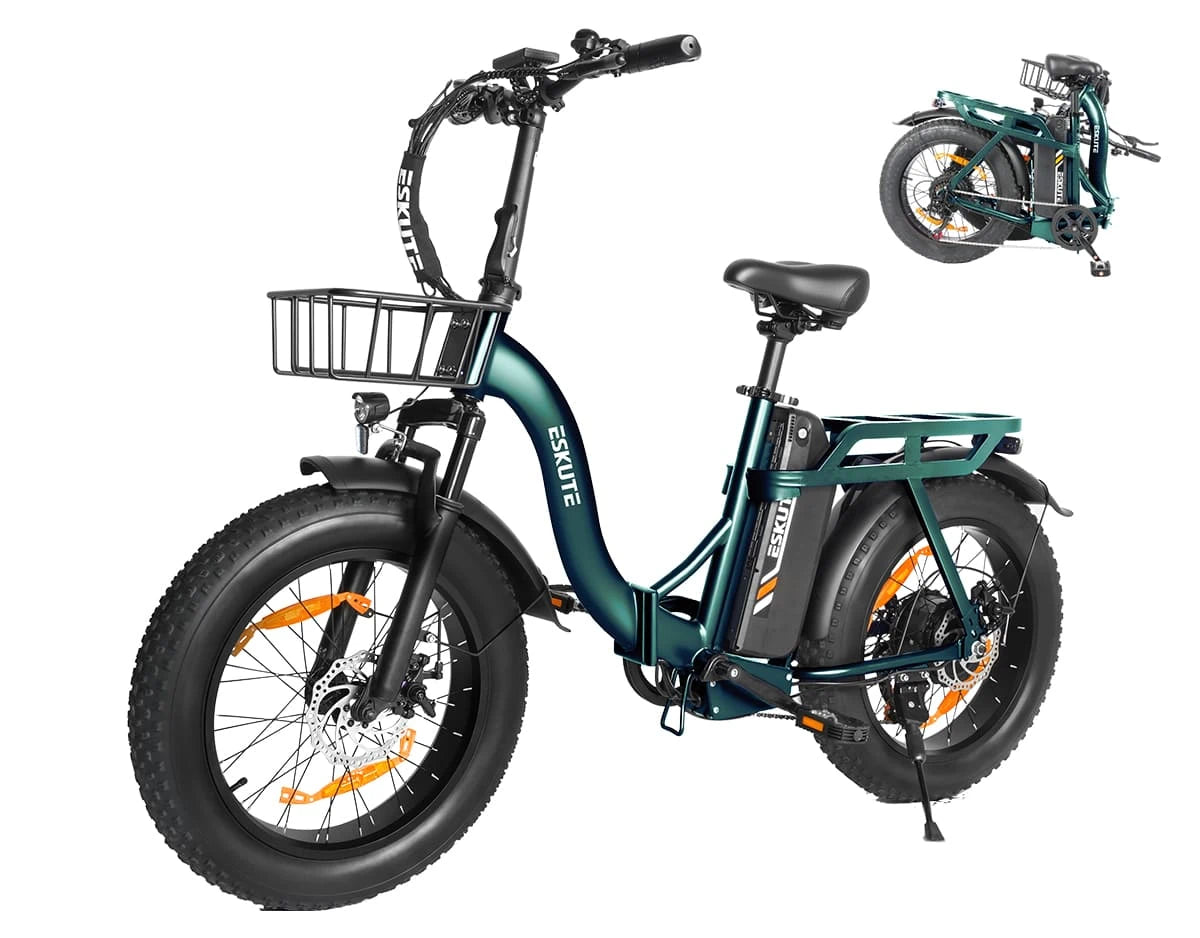 [Color:Grün]Eskute D202 Klapp-E-Bike in Grün mit Blick auf Fahr- und Faltposition