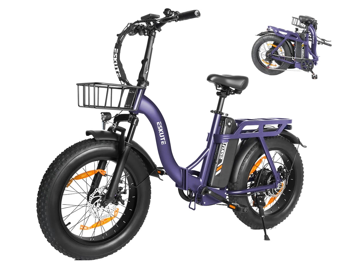 [Color:Lila]Eskute D202 Klapp-E-Bike in Violett mit Blick auf Fahr- und Faltposition