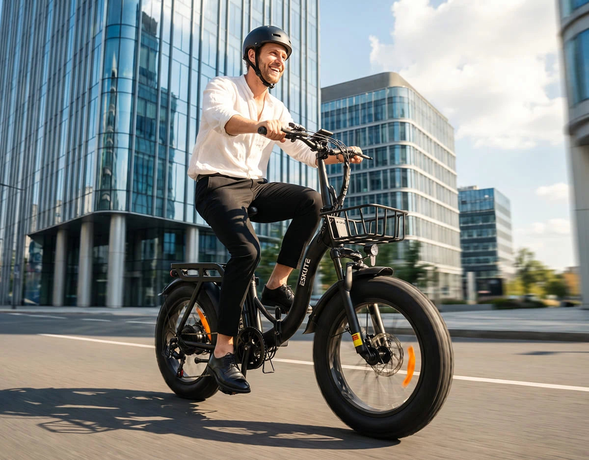 [Color:Schwarz]Eskute D202 Klapp-E-Bike in Schwarz im Stadtverkehr beim Pendeln