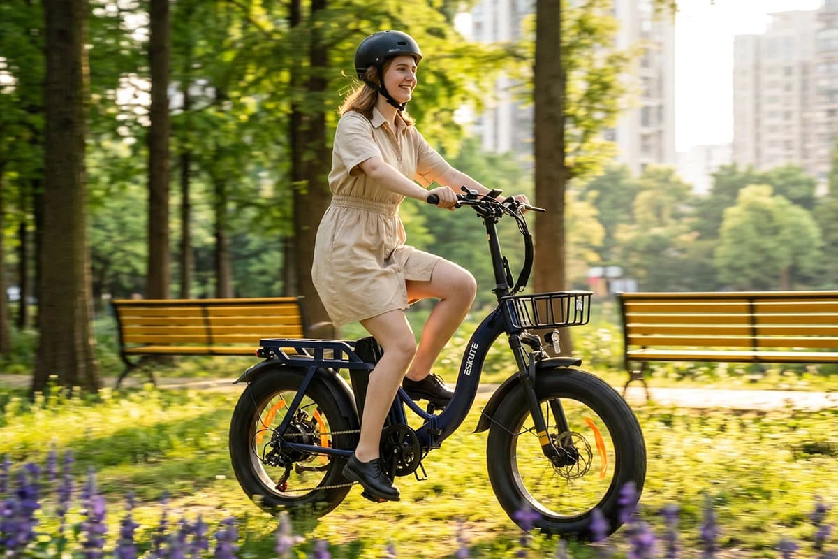 Frau fährt das Eskute D202 E-Bike im grünen Stadtpark bei sonnigem Wetter