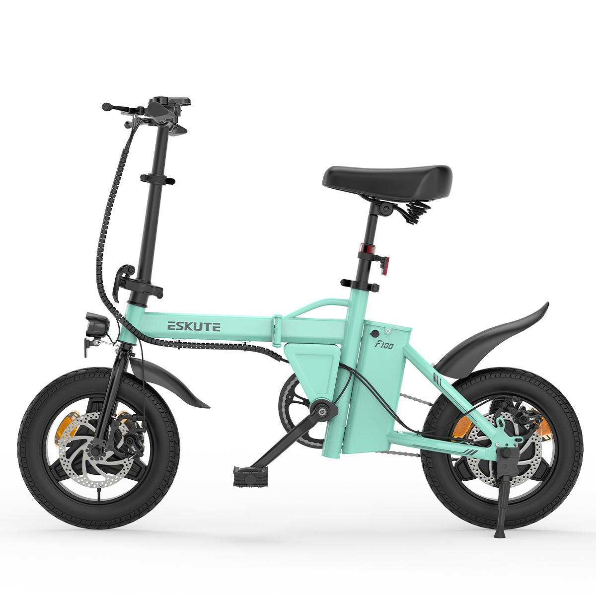 Compact mint green F100 folding electric bike